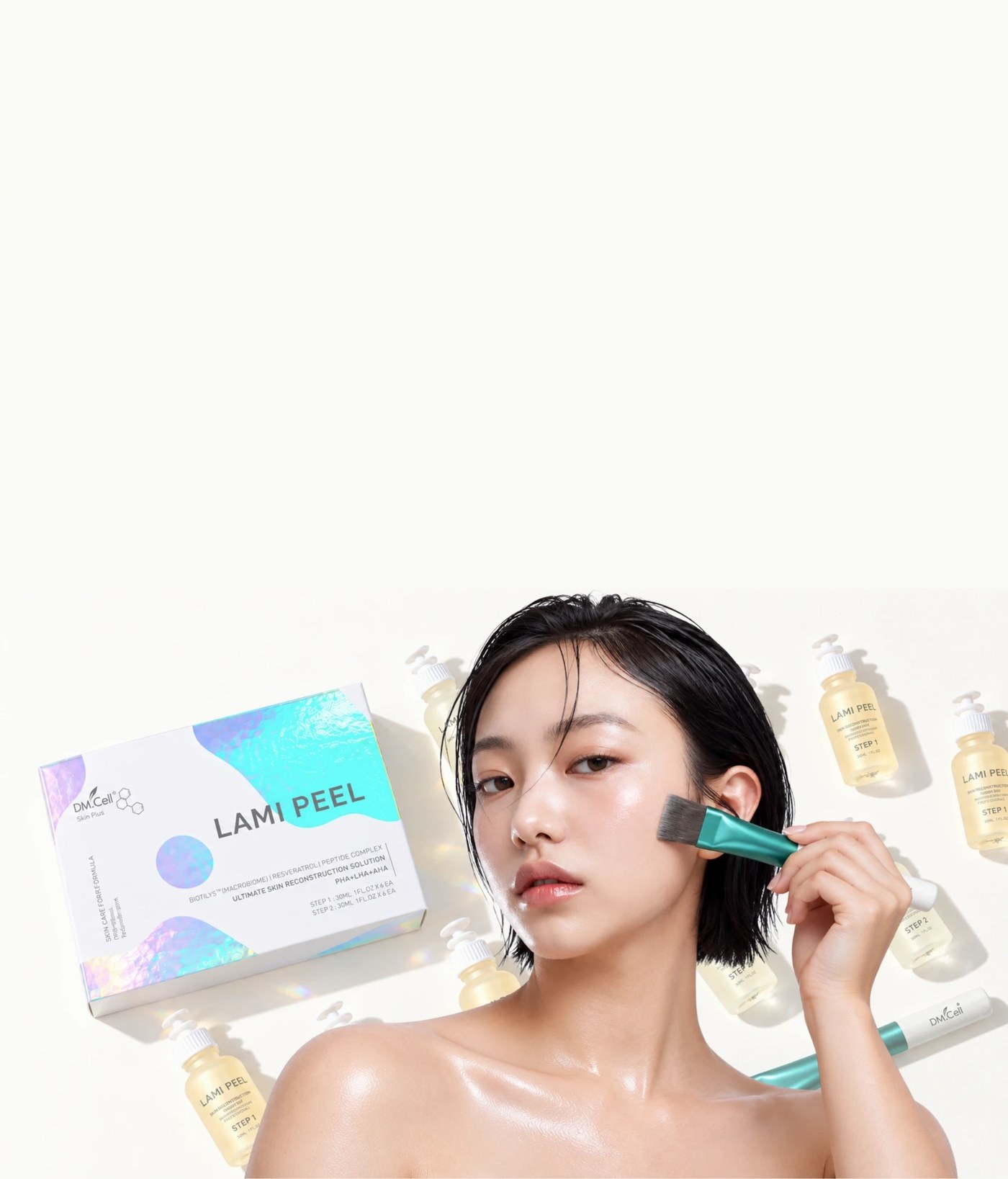 Model applying the Japanese Lami Peel with a teal brush among Lami Peel bottles